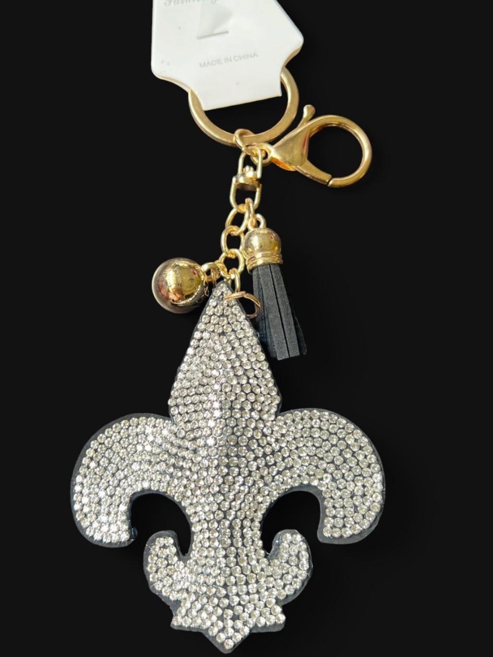 Silver Fleur-de-Lis Crystal Keychain/Bag Charm with Black and Gold Details